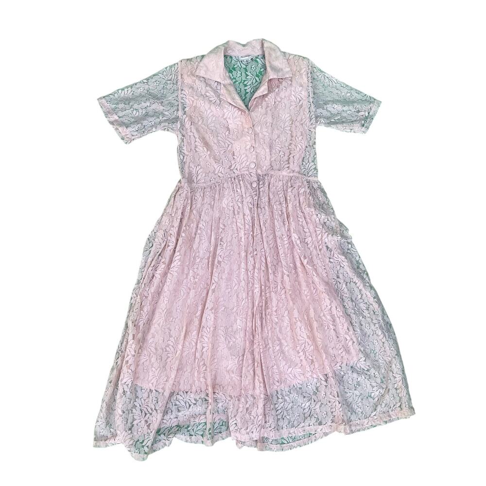 Vintage 80s 90s tea length pretty‎ pink lace shirtwaist dress cottage fairy L